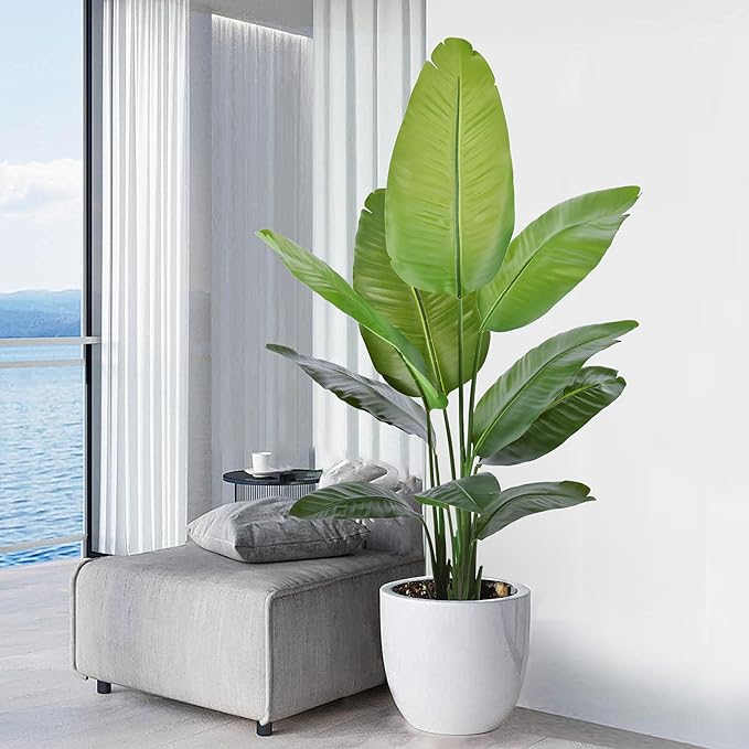 Artificial Bird of Paradise Plant 5Ft, Floor Silk Banana Leaf Plant with 10 Leaves, Faux Palm Tree with Plastic Pot for Indoor House Home Office Garden Modern Decoration