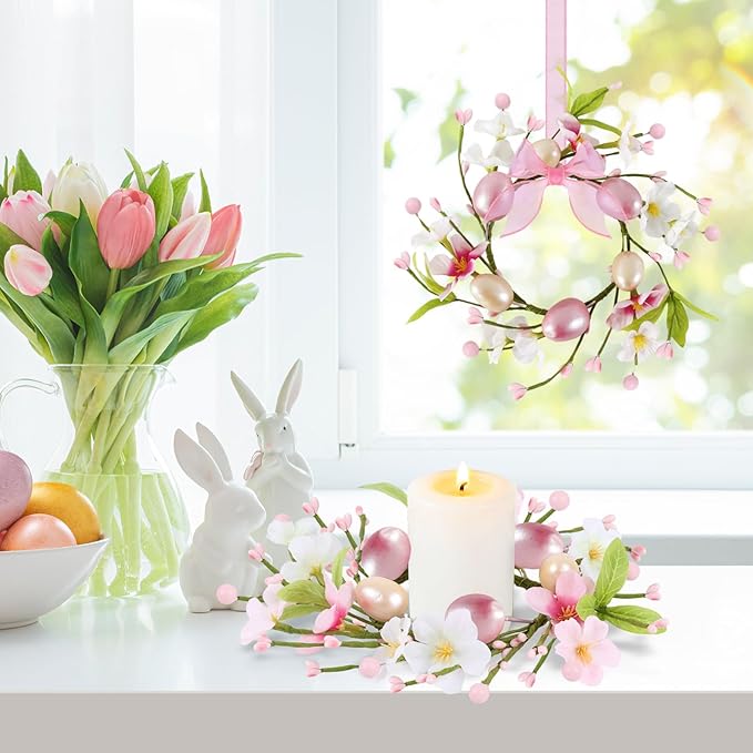 6 PCS Small Easter Wreaths for Kitchen Cabinet Mini Artificial Easter Egg Flower Wreath for Front Door Spring Summer Hanging Wreath with Pink Ribbon Berry for Home Porch Wall Window Farmhouse Decor