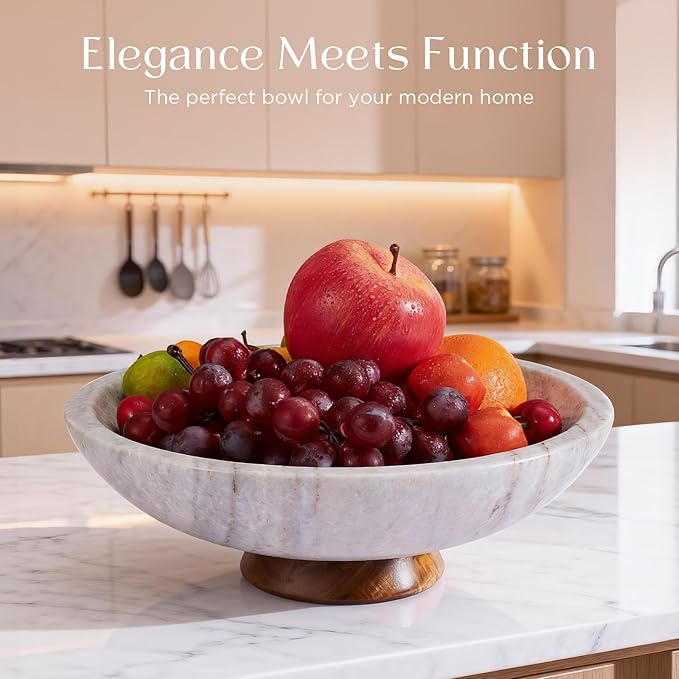 SAMAH Gray Marble Fruit Bowl with Acacia Wood Pedestal, Large Decorative Footed Bowl, Natural Stone Centerpiece for Kitchen Counter, Entryway, Keys, Dining Table, House Warming Gifts New Home(11Inch)