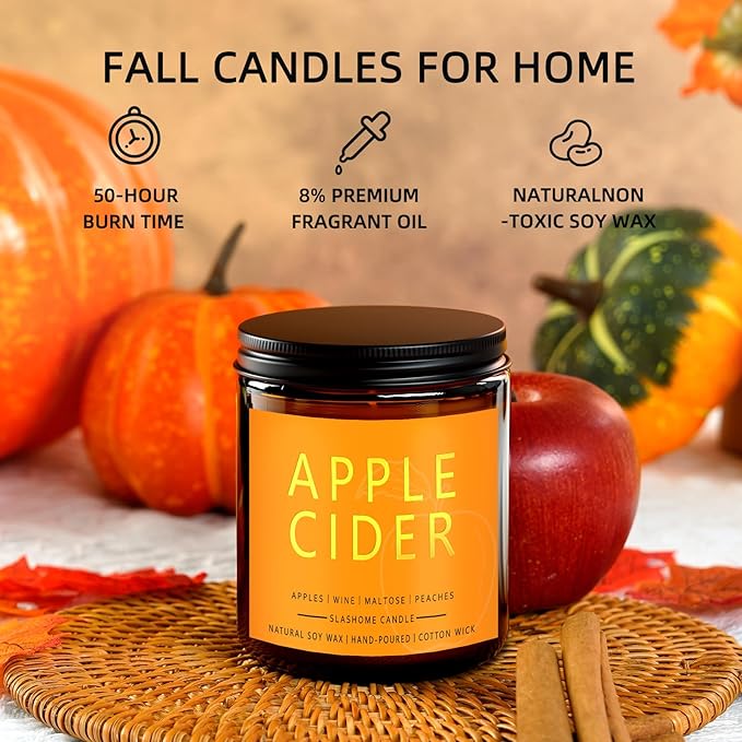 Fall Scented Candles Apple Cider 7oz – Fresh Apple Candle with Warm Cinnamon & Spiced Cider Soy Wax Candle for Cozy Autumn Home Décor, Perfect Fall Gift for Apple Lovers, 50 Hour Long Burn