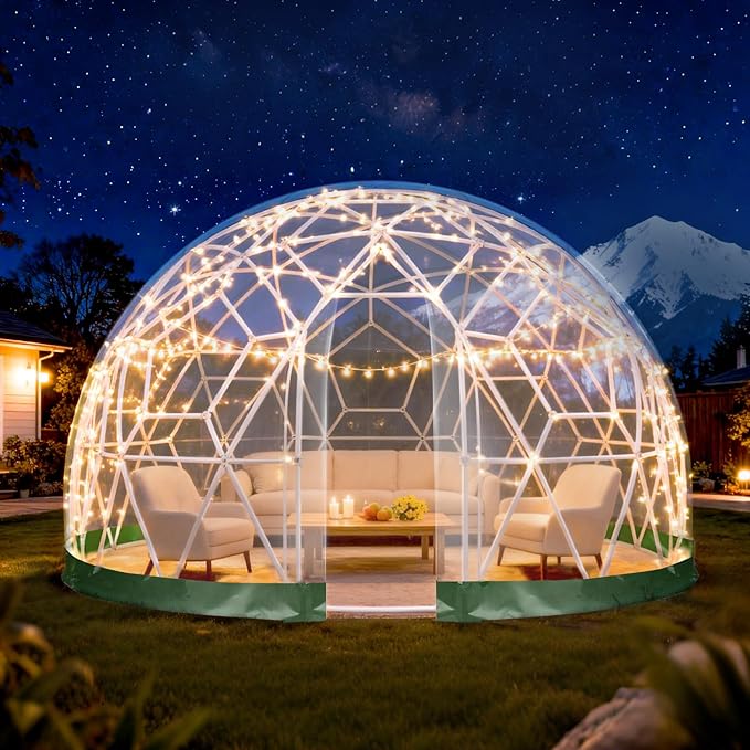 Garden Dome Tent 12*7.2FT, 360° View Geodesic Dome Greenhouse with PVC Clear Cover, Waterproof Garden Bubble Dome Tent House with 2 x 10M Light Strings for Outdoor, Green