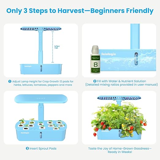 Sainlogic Hydroponics Growing System Kit, Smart Indoor Garden with APP & WiFi Connected, 12 Pods Watering Planter, 5 X Growth with 24W LED, Quiet Pump, for Vegetables, Herbs and Flowers