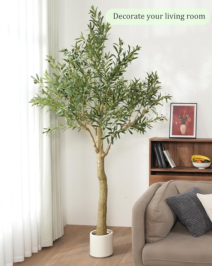 Sillaff Artificial Tree, 8FT(96in) Fake Tree Large Faux Plants Indoor Tall Faux Olive Tree with Pot, Nearly Natural Olive Branches and Fruits for Living Room Office Home Decor