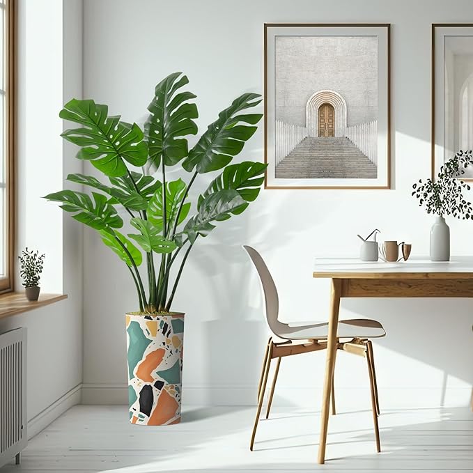 Artificial Tree in Modern Geometric Pattern Planter, Fake Monstera Silk Tree for Indoor and Outdoor Home Decoration - 65" Overall Tall (Plant Pot Plus Tree)