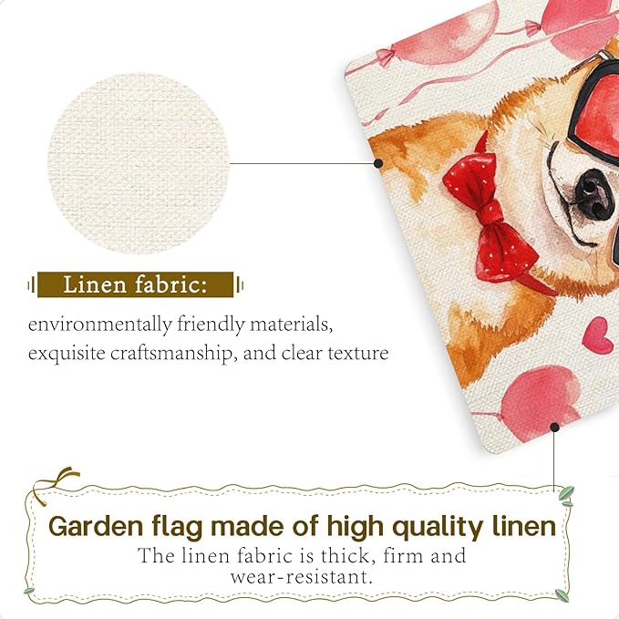 Valentine's Day Welsh-Corgi Hello Love Garden Flag, House Yard Plaid Love Heart Outside Decoration, Spring Holiday Wedding Anniversary Outdoor Small Decor 12x18(12648)