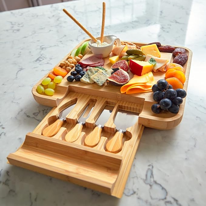 RoyalHouse Bamboo Cheese Board and Knife Set with Slide-Out Cutlery Drawer - Charcuterie Boards Set & Cheese Platter - Birthday Gifts for Women, Wedding Gifts for Couples 2025, Bridal Shower Gifts