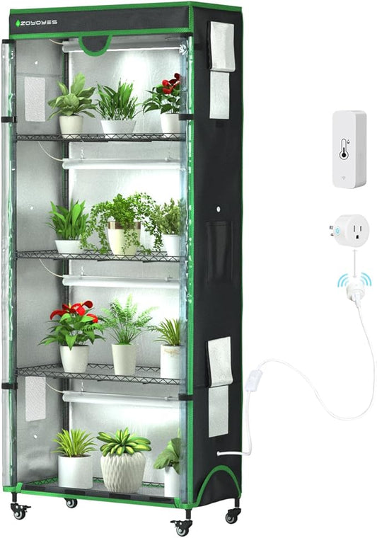 Plant Stand with Grow Light, 36" W x 18" D x 72" H, 5-Tier Indoor Greenhouse with Cover & 3-Color T8 Growth Lights and Smart Socket, Thermohygrometer, for Seedlings & Flowering