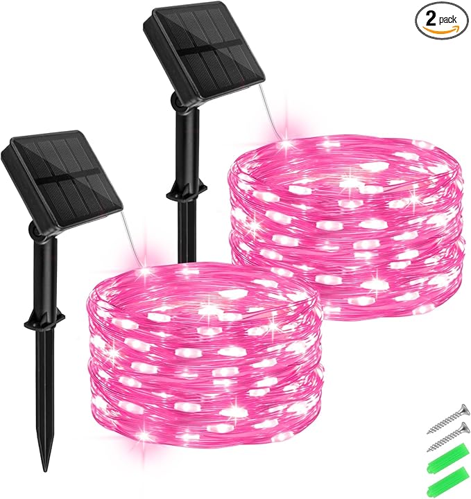 Solar Fairy Lights Pink Outdoor Waterproof,16.4ft 50LED Solar String Lights Pink for Outside 8 Modes 2 Packs for Girls Patio Backyard Garden Deorations Pink