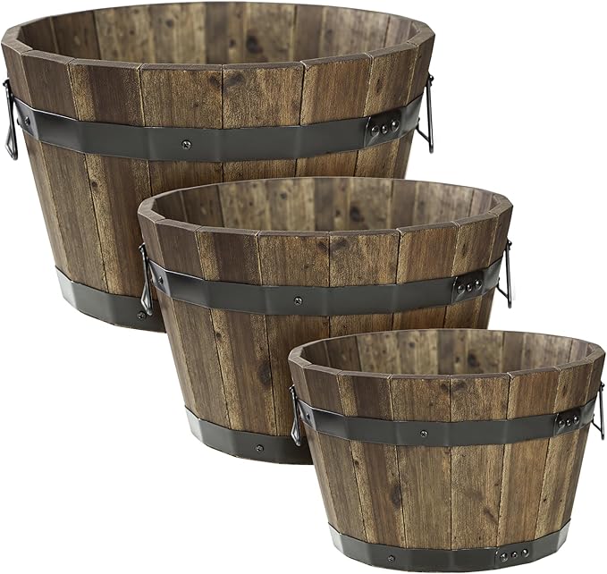 Idzo Set of 3 Wooden Flower Planters for Outdoor Plants, Acacia Wood Barrel Planters, Ergonomic Handles, Drainage Holes, Various Sizes, Walnut