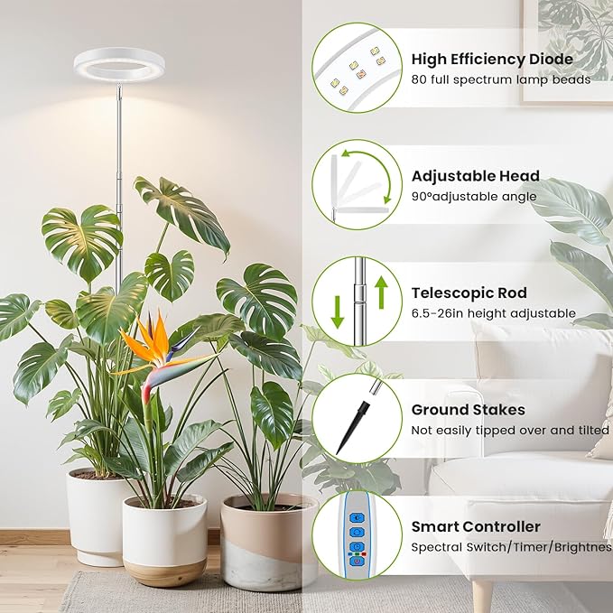 White Grow Light, Full Spectrum LED Plant Lights for Indoor Growing with 6/12/16H Timer, 3 Color Modes, 5 Brightness, 10"-65" Height Adjustable Plant Grow Lamp for Large Indoor Plants