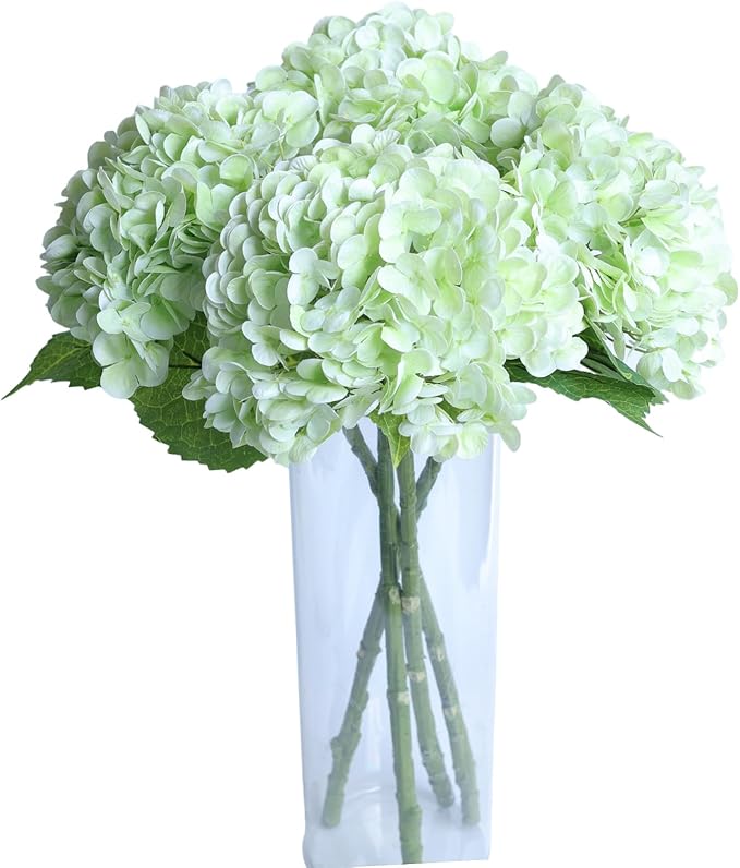Green Hydrangea Artificial Flowers - High-End 22.5cm Oversized Heads (4pcs) | Real-Touch Design | Perfect for Christmas, Weddings, Home Decor, Parties & Outdoor Use (Light Green)