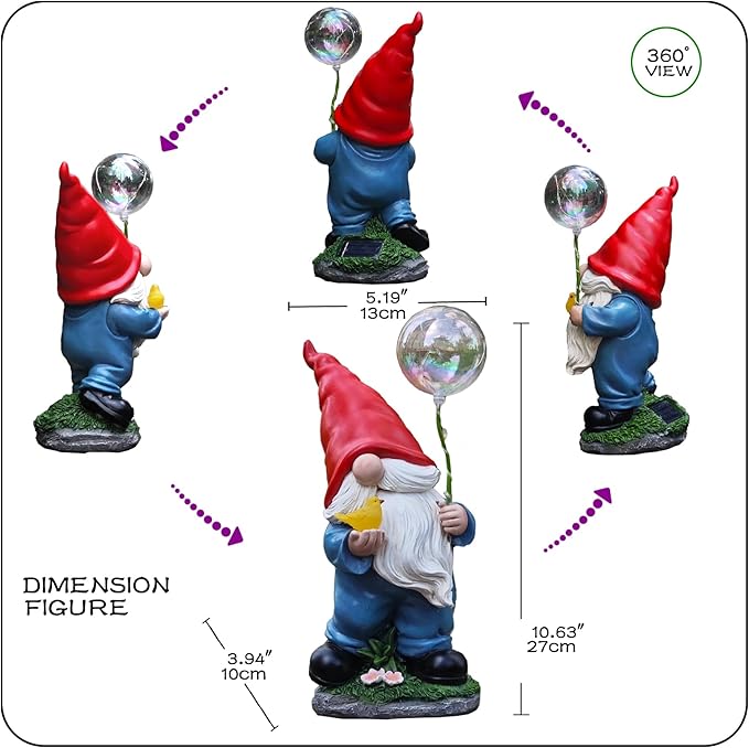 Solar Garden Male Gnome Statue, Detachable Outdoor Garden Decorative Stakes, Resin Gnome Holding Light-Up Bird & Bubble Wand, Upgraded 8-10H Lighting, for Patio, Yard, Flower Bed & Pathway, 10.63"