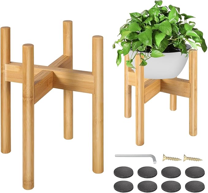 FJO 2Pcs Adjustable Plant Stand Indoor - Bamboo Plant Stands, Bamboo Mid Century Modern Plants Stands, Plant Holder for Living Room Fits 8 to 12 Inches Pots(Pot & Plant Not Included) (Natural)