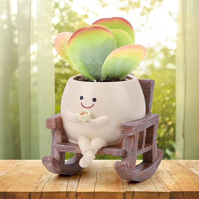 KIUGCO Smily Face Planter Pots for Indoor Plants, Cute Resin Flower Head Planters, Rocking Chair Succulent Flower Pots with Drainage Hole, Gift IdeaI for Birthday