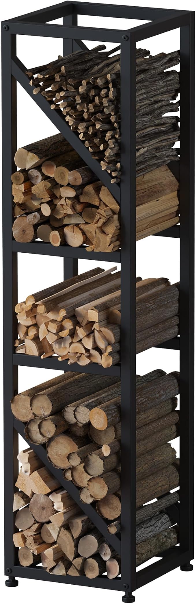 47 Inch Tall Indoor Firewood Rack Outdoor, 5-Tier Functional Fireplace Log Holder, Heavy Duty Metal Firewood Storage Rack, Decorative Log Organizer, Anti-Rust Coating, Adjustable Pads