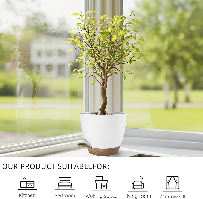 Hylitong Plant Pots 8/7.5/7/6.5/6 Inch Self Watering Pots,5 Pack Planters with Drainage Holes and Saucers,Plastic Flower Pots,Nursery Planters for Indoor Outdoor Plants (White)