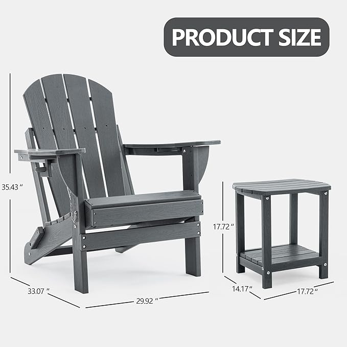 Folding Adirondack Chair Set with Side Table - HDPE Outdoor Patio Chairs, Weatherproof Chair with Reclining Back, Cup & Phone Holder, and 2-Tier Storage End Table for Firepit or Garden (Grey)