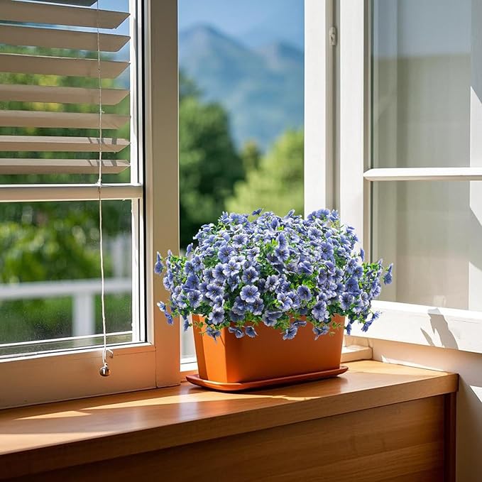 Grunyia Artificial Fake Flowers for Outdoor Spring Decoration, 16 Bundles Faux Silk Colorful Daisy UV Resistant Realistic for Outside Porch Patio Home Yard Garden Planters Pots Window Box (Blue)