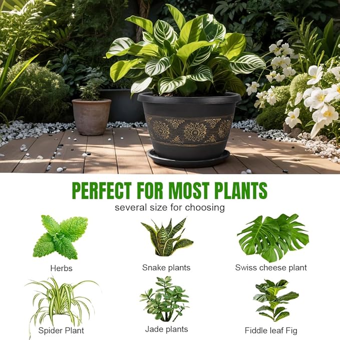 Usocik 6 Pack 8 inch Plant Pots, Retro Pattern Planters with Drainage Holes and Saucer, Sturdy Plastic Garden Flower Pots for Indoor & Outdoor Plants