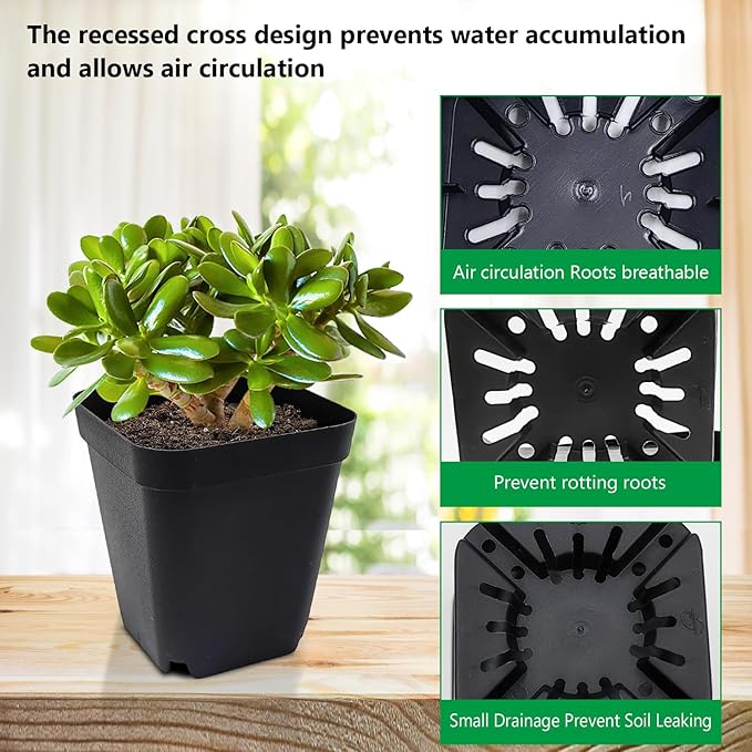 RooTrimmer Square Nursery Pots 3.54Inches 90 Pcs Seedling Flower Post Plastic Thick Seed Start Germination for Plant Propagation,Sturdy Suit for 1020 Trays(Black,3.54Inches,90Pcs)