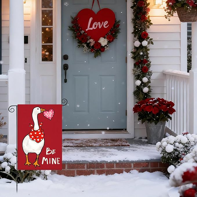 Valentines Day Garden Flags 12x18 Inch Double Sided, BE MINE Funny Goose with Love Heart Small Seasonal Decoration for Holiday Anniversary Wedding Yard Outside Outdoor
