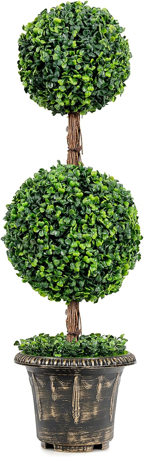 DREAMADE 3ft Boxwood Topiary Tree Artificial Outdoor & Indoor, Weatherproof Faux Plant Ball Tree w/Cement-Filled Plastic Pot, Fake Shrub Plant for Front Porch Garden Home Office Wedding Backyard