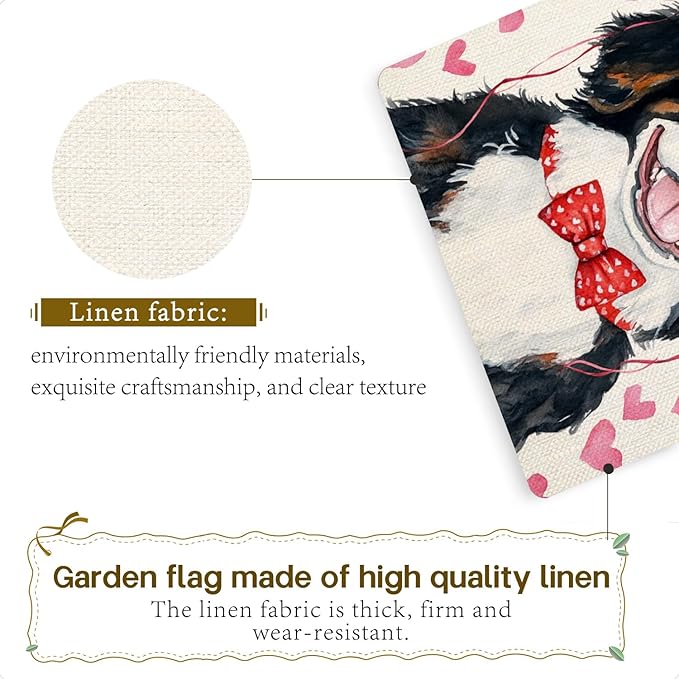 Valentine's Day Bernese Mountain Hello Love Garden Flag, House Yard Plaid Love Heart Outside Decoration, Spring Holiday Wedding Anniversary Outdoor Small Decor 12x18(12620)