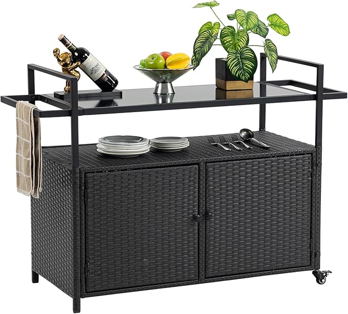 Outdoor Wicker Bar Cart, 51.18" Patio Wine Serving Cart with Tempered Glass Top, Rolling Beverage Table with Wheels & Storage Shelf for Garden, Backyard & Poolside, Black