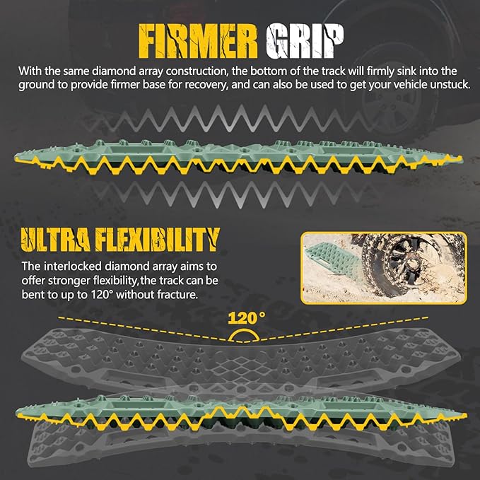 BUNKER INDUST Off-Road Traction Boards with Jack Base,Pair Recovery Track 4X4 Jeep Truck Emergency Tire Traction Mat with Bag -Sand, Mud, Snow Tracks Green Traction Pad (Gen 7th)