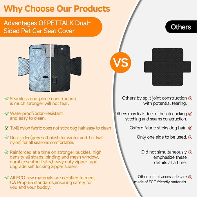 PETTALK Deluxe Double Sided Dog Car Seat Cover for Back Seat, Waterproof, Reversible Large Dog Car Seat Hammock, Back Seat Pet Cover for Dogs, Car Seat Protector, for Cars SUVs Trucks,All Seasons
