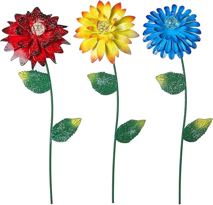 Voltogar 3 Pack Flowers Garden Stake Decoration Glow in Dark for Outdoor, Water-Proof Metal Flowers Ornament for Lawn Pathway Patio Plant Pot, Flower Bed Decor Red, Yellow & Blue, 16" H
