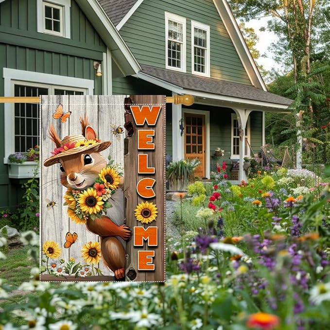 Welcome Garden Flag Vertical Double-Side Small Burlap sunflower Spring Summer Squirrel Garden Flags Yard Porch Outdoor Patio Lawn Decor Flags Decorations (RMQ-480D, 28"X40")