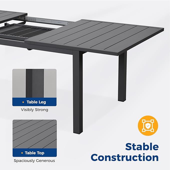 Wisteria Lane Aluminum Outdoor Dining Table, 68"-91.5" Adjustable Length Oversized Patio Table for 6-10 People, All-Weather Extendable Patio Dining Table with Adjustable Feet for Deck Balcony Garden
