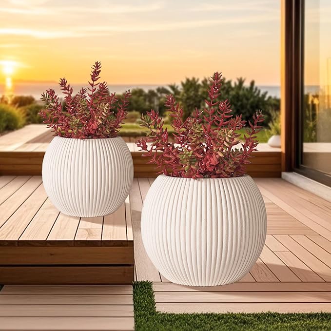 TerraDeco 16 Inch Handmade Outdoor Planter - Classic Striped Design | Fiberglass & Composite Material | Durable for Commercial & Home Decor