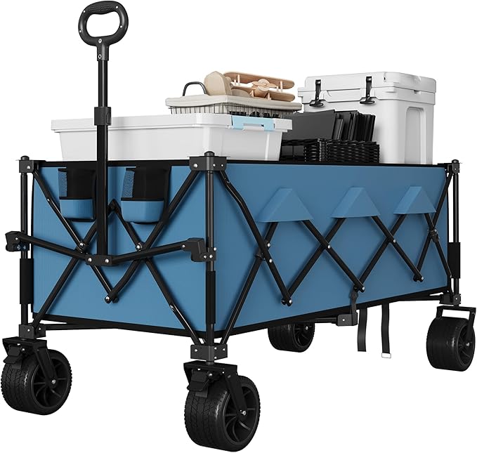 GarveeLife Heavy Duty Utility Beach Wagon Cart, Collapsible Wagon Beach with All Terrain Wheels, Extra Long WagonCart Foldable with Cup Holders for Sand