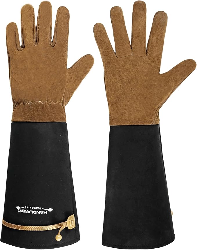 HANDLANDY Long Gardening Gloves for Men & Women, Pigskin Leather Rose Pruning Gloves, Breathable Thorn Proof Gauntlet Glove (Brown-Pigskin, XL)