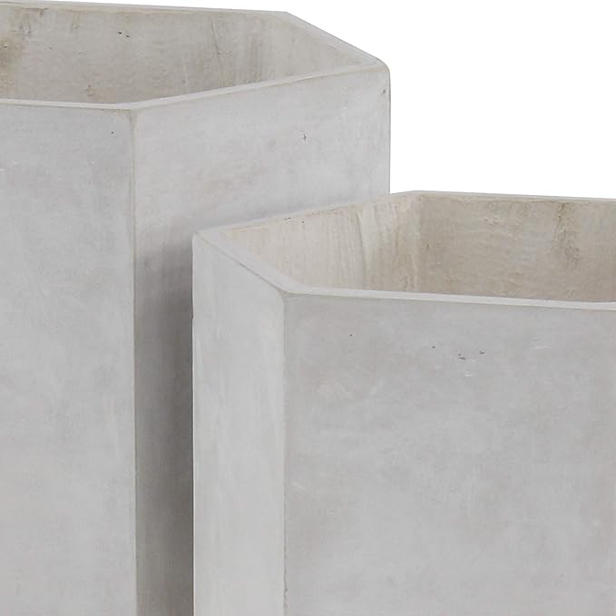 CosmoLiving by Cosmopolitan Magnesium Oxide Geometric Indoor Outdoor Planter Hexagon Large Planter Pot with Brown Wooden Legs, Set of 2 Planters 15", 17"H, White