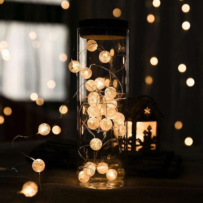 Globe String Lights for Bedroom, Decorative Lightning, Christmas Lights, Crystal Crackle Ball Lights 10Ft 30 LED Soft White Battery Operated Fairy Lights Perfect for Valentine's Day Decor