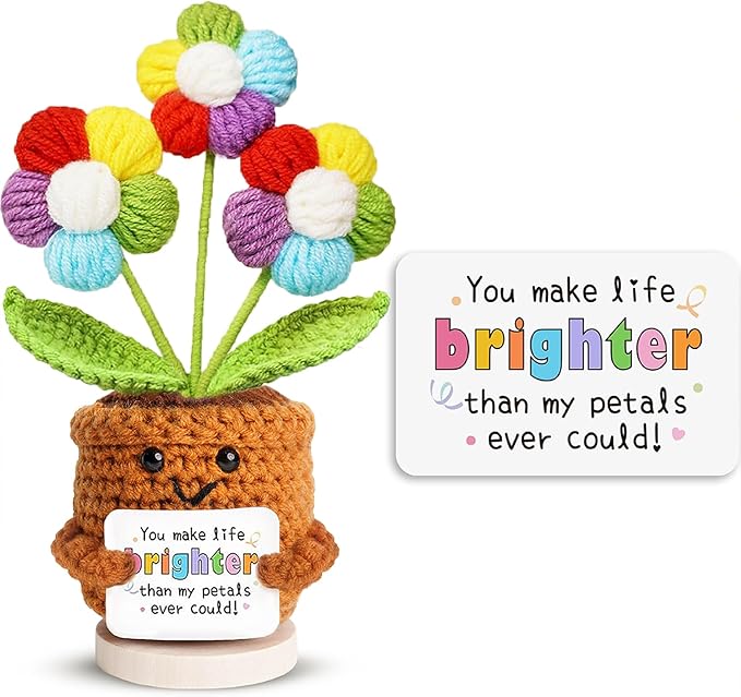 penzoos Emotional Vessels – Rainbow Crochet Flower “You Make Life Brighter”, Handmade Thinking of You Gift for Women, Get Well or Encouragement Present, with Hidden Card “for You with Love”
