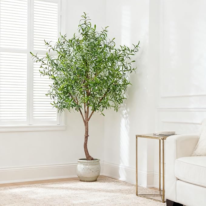 Niwellveb Fake Tree Faux Olive Tree Artificial Olive Trees Artificial Indoor Realistic Potted Silk Indoor Large Fruit for Home Offices, Living Rooms, Bedrooms, Stairs and Foyer Decor (8 Ft Leaf Type)