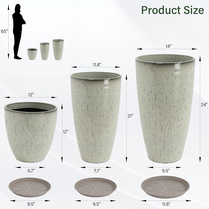 Neoaider 24/21/12 Inch Large Plastic Planter, Lightweight Ceramic-Look Tall Planters with Drain Hole & Saucers, Tall Plastic Planters for Porch, Garden, Patio, Balcony(Glaze Beige)