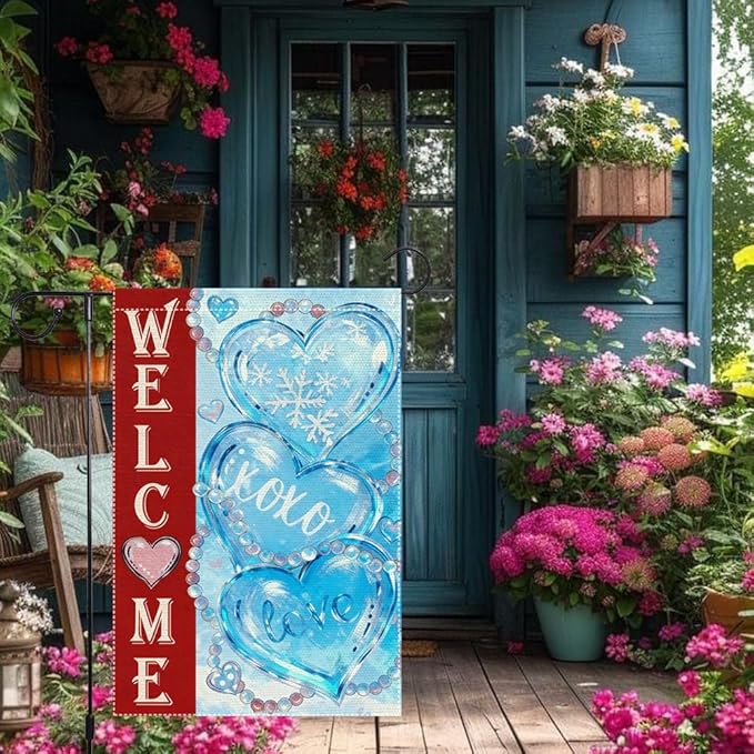 Welcome Winter Valentines Day Garden Flag 12x18 Inch Double-Sided Burlap with Snowflakes and Hearts for Home Decoration
