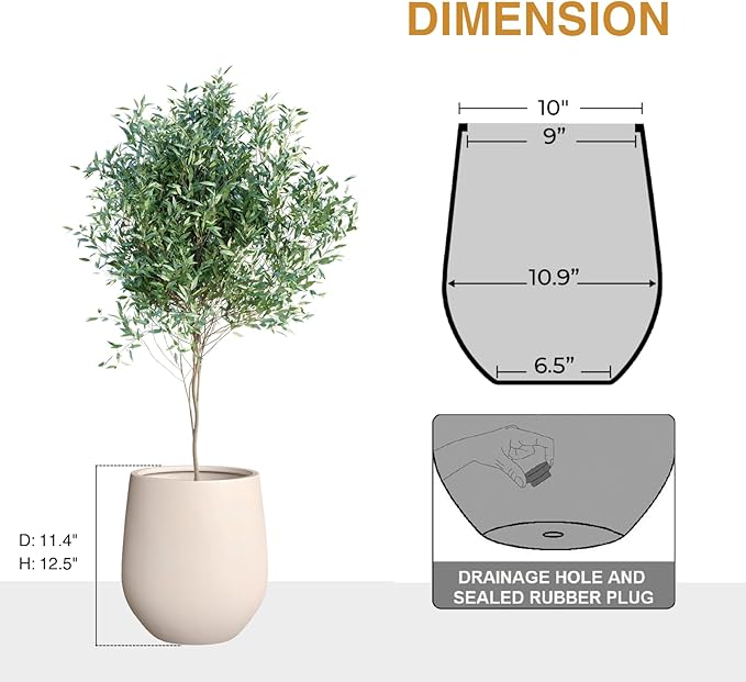 KUTE NEST 12.5" H x 11.4" D Corso Fiberstone Round Tapered Planter with Drainage Hole, Smooth Finishes, Weather Resistant, Included 2 Extra Coco Mats (Kilim Beige, 9" Pot Opening)