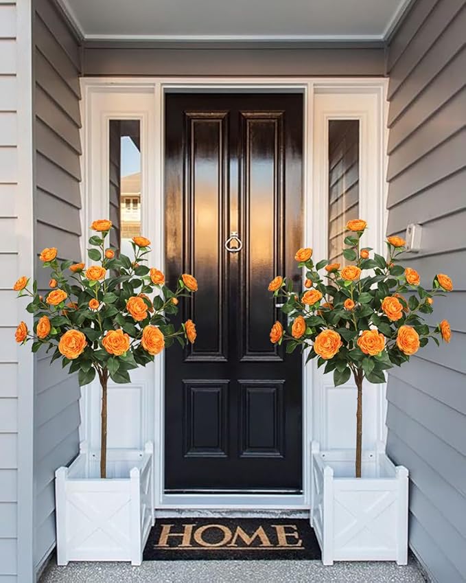 4ft Artificial Camellia Tree Fake Camellia Plant with Orange Flowers Faux Floral Plant Blooming Tree in Black Pot for Indoor Outdoor Office Home Front Door Porch Decor (2 Pack - Orange)
