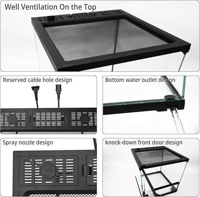 waazoorep 11 Gallon Tall Reptile Glass Tank 12"x12"x18" with Drainage Hole - Pre-Assembled Vertical Reptile Cage Enclosure for Arboreal Geckos,Chameleon,Lizard,Tree Frog and Snake