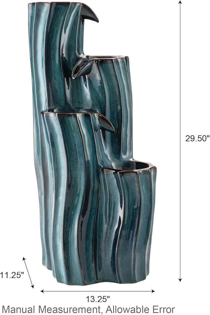Glitzhome 30" Tall Outdoor Water Fountain with LED Light, Pump & Adapter, 4-Tier Turquoise Wavy Texture Ceramic Cascading Garden Fountains Waterfalls for Porch Deck Patio Backyard