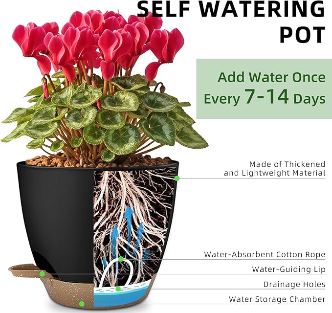 Hylitong Plant Pots 8/7.5/7/6.5/6 Inch Self Watering Pots,5 Pack Planters with Drainage Holes and Saucers,Plastic Flower Pots,Nursery Planters for Indoor Outdoor Plants (Black)