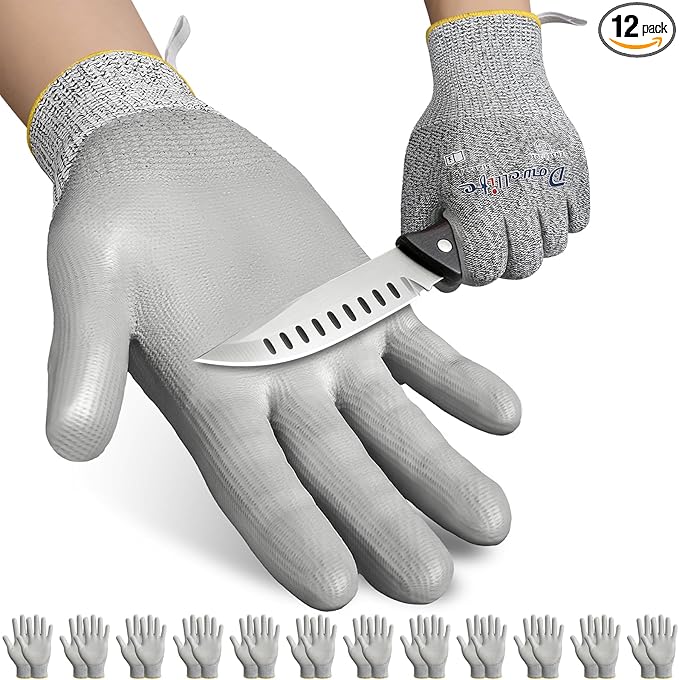 Dowellife 12 Pairs Level 5 Cut Resistant Work Gloves for Men and Women, PU Coated Breathable Gardening Gloves, Thin Flexible and Firm Grip for Mechanics and Fishing (Medium, Grey)