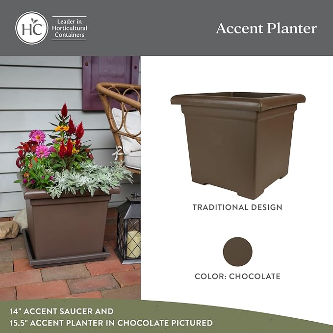 The HC Companies 15.5 Inch Accent Square Plant Pots with Drainage, Lightweight UV-Resistant Plastic Planters for Indoor & Outdoor Plants, 2-Pack Flower Pots for Garden, Office & Home Decor, Chocolate