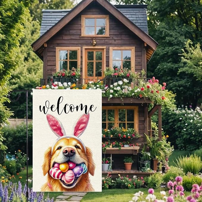 Welcome Easter Garden Flag Dog Spring Seasonal Eggs Sign Yard Holiday Outdoor 12x18 Inch Small Burlap Double Sided flags Decorations